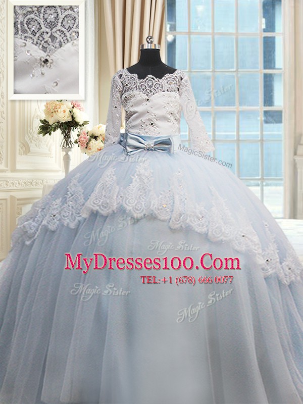 Cute Scalloped Beading and Lace and Bowknot Sweet 16 Quinceanera Dress Light Blue Lace Up Half Sleeves Brush Train