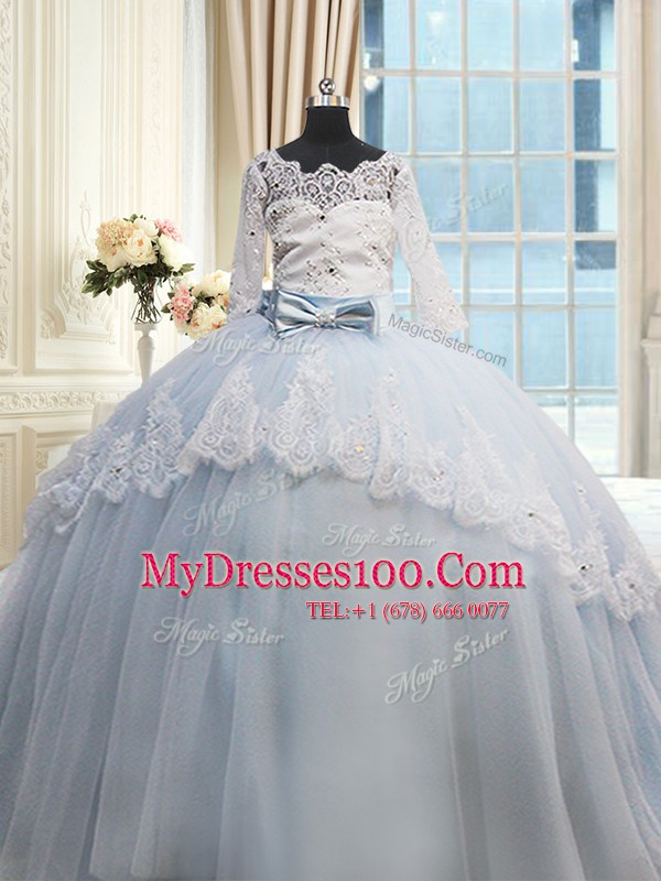 Cute Scalloped Beading and Lace and Bowknot Sweet 16 Quinceanera Dress Light Blue Lace Up Half Sleeves Brush Train