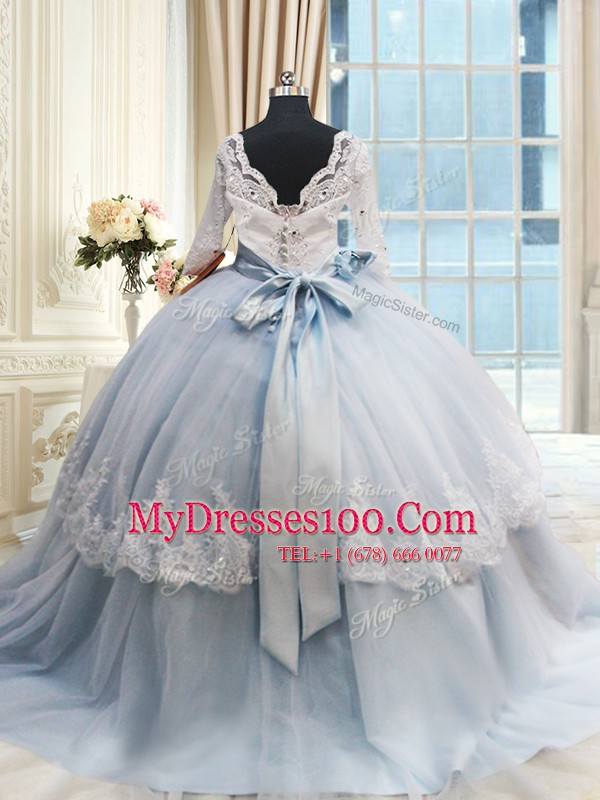Cute Scalloped Beading and Lace and Bowknot Sweet 16 Quinceanera Dress Light Blue Lace Up Half Sleeves Brush Train