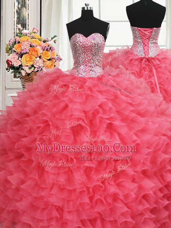 Fancy Beaded Bodice Floor Length Lace Up 15 Quinceanera Dress Coral Red for Military Ball and Sweet 16 and Quinceanera with Beading and Ruffles