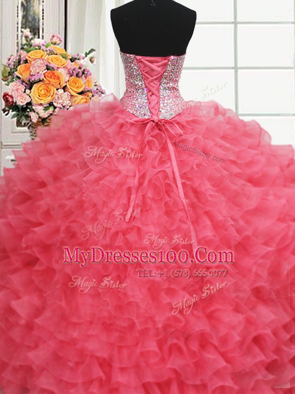 Fancy Beaded Bodice Floor Length Lace Up 15 Quinceanera Dress Coral Red for Military Ball and Sweet 16 and Quinceanera with Beading and Ruffles