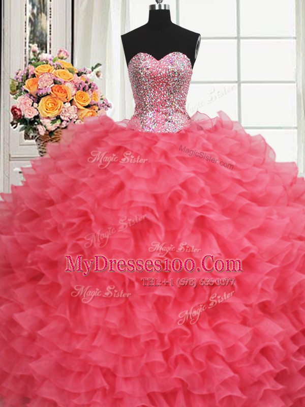 Fancy Beaded Bodice Floor Length Lace Up 15 Quinceanera Dress Coral Red for Military Ball and Sweet 16 and Quinceanera with Beading and Ruffles