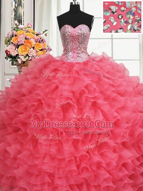 Fancy Beaded Bodice Floor Length Lace Up 15 Quinceanera Dress Coral Red for Military Ball and Sweet 16 and Quinceanera with Beading and Ruffles