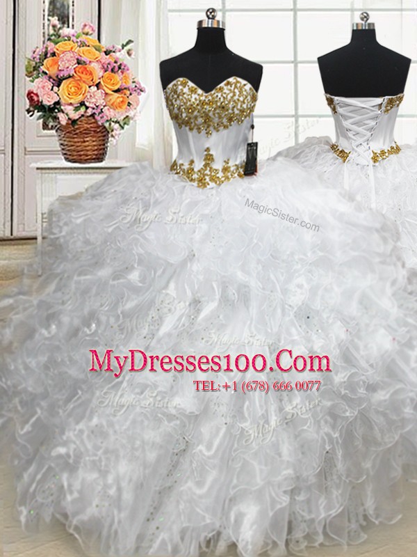 White Ball Gowns Beading and Ruffles Quinceanera Dresses Lace Up Organza Sleeveless Floor Length