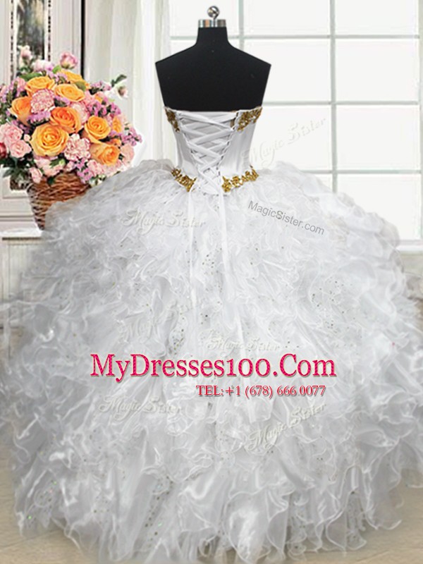 White Ball Gowns Beading and Ruffles Quinceanera Dresses Lace Up Organza Sleeveless Floor Length