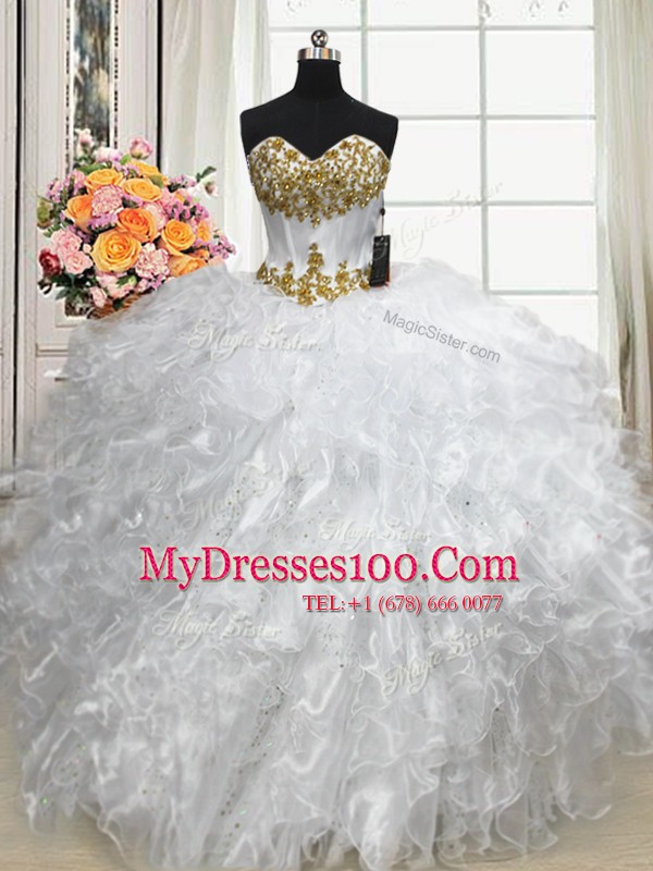 White Ball Gowns Beading and Ruffles Quinceanera Dresses Lace Up Organza Sleeveless Floor Length