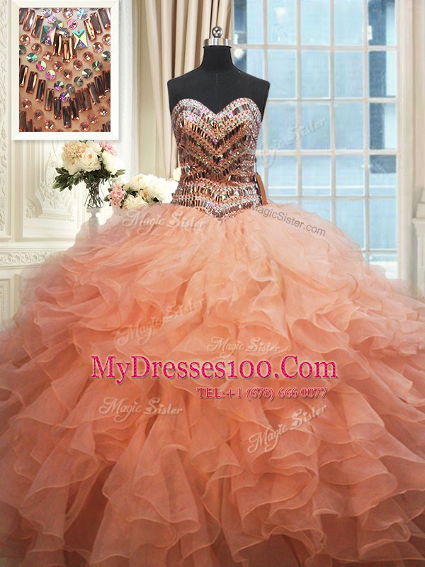 Luxurious Beaded Bodice Beading and Ruffles Quinceanera Dress Watermelon Red and Peach Lace Up Sleeveless Floor Length