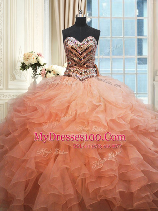 Luxurious Beaded Bodice Beading and Ruffles Quinceanera Dress Watermelon Red and Peach Lace Up Sleeveless Floor Length