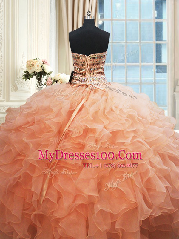 Luxurious Beaded Bodice Beading and Ruffles Quinceanera Dress Watermelon Red and Peach Lace Up Sleeveless Floor Length
