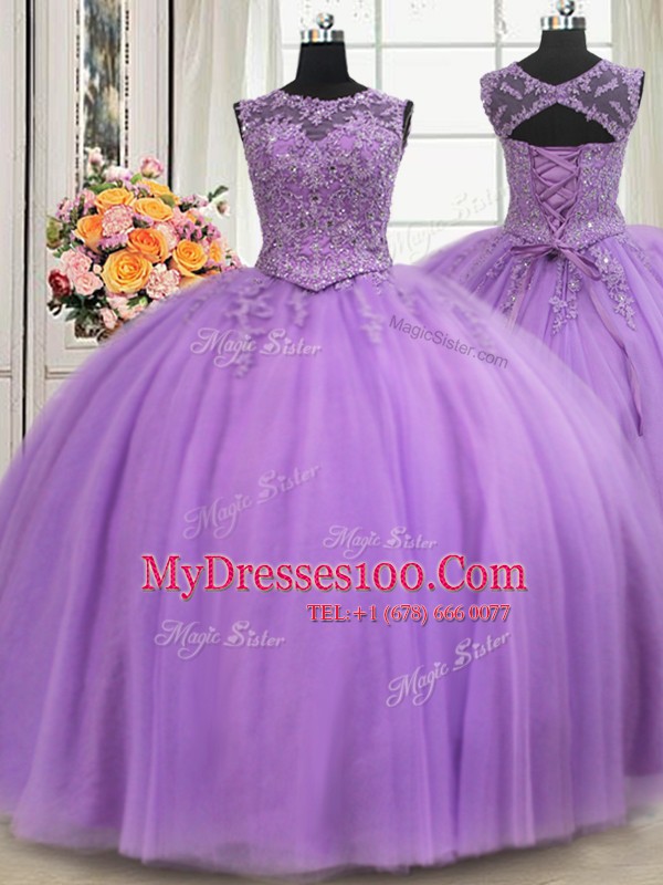 See Through Scoop Sleeveless Sweet 16 Dress Floor Length Beading and Appliques Lavender Tulle