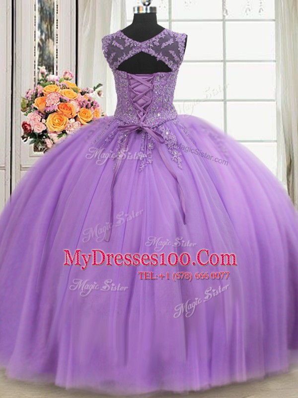 See Through Scoop Sleeveless Sweet 16 Dress Floor Length Beading and Appliques Lavender Tulle