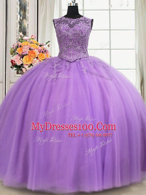 See Through Scoop Sleeveless Sweet 16 Dress Floor Length Beading and Appliques Lavender Tulle