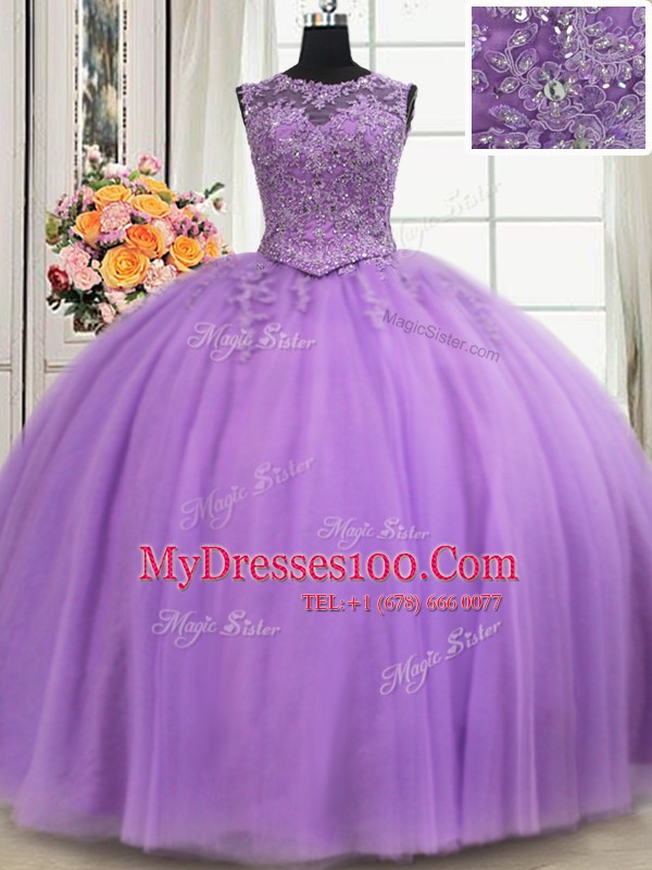 See Through Scoop Sleeveless Sweet 16 Dress Floor Length Beading and Appliques Lavender Tulle