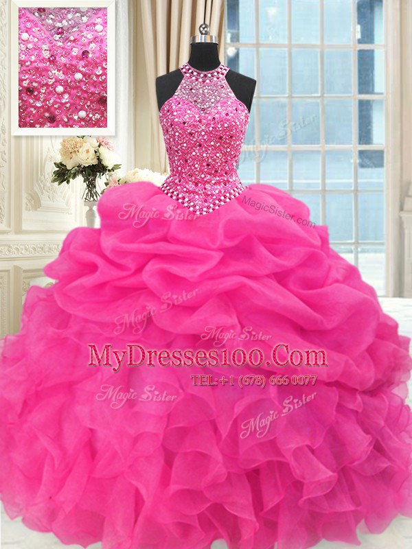 Most Popular See Through Beaded Bodice Floor Length Ball Gowns Sleeveless Hot Pink Quinceanera Dress Lace Up