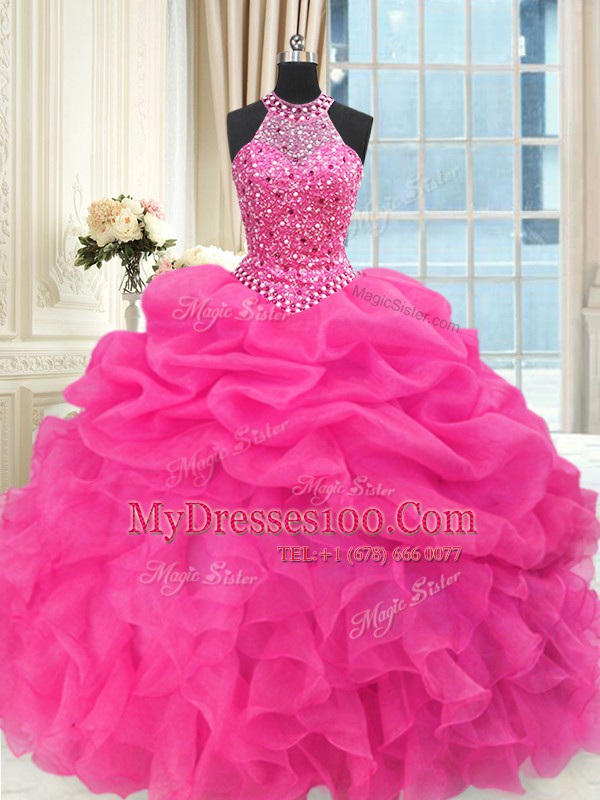 Most Popular See Through Beaded Bodice Floor Length Ball Gowns Sleeveless Hot Pink Quinceanera Dress Lace Up