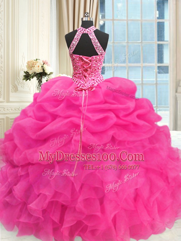 Most Popular See Through Beaded Bodice Floor Length Ball Gowns Sleeveless Hot Pink Quinceanera Dress Lace Up