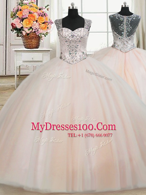 See Through Back Zipper Up Ball Gowns Quince Ball Gowns Peach Straps Tulle Cap Sleeves Floor Length Zipper