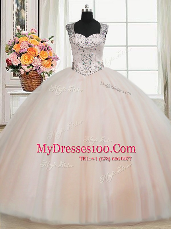 See Through Back Zipper Up Ball Gowns Quince Ball Gowns Peach Straps Tulle Cap Sleeves Floor Length Zipper