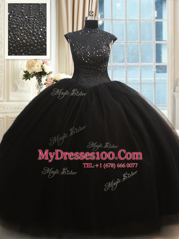 Black Ball Gowns High-neck Cap Sleeves Tulle Floor Length Zipper Beading 15th Birthday Dress
