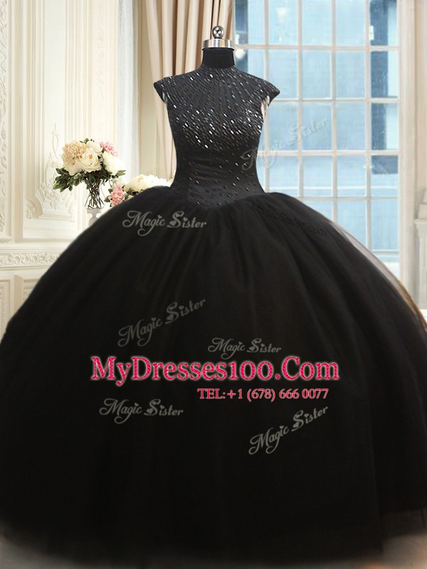 Black Ball Gowns High-neck Cap Sleeves Tulle Floor Length Zipper Beading 15th Birthday Dress