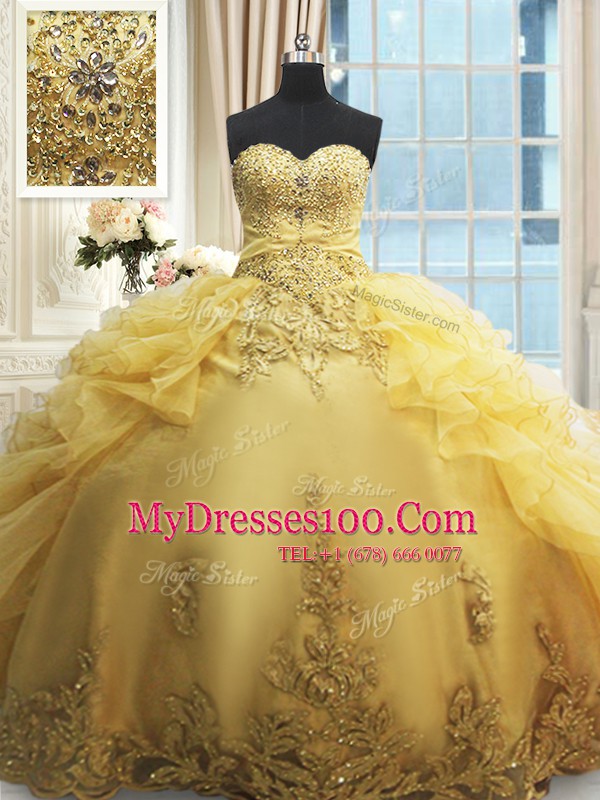 Great Beading and Appliques and Ruffles Quinceanera Dresses Gold Lace Up Sleeveless Floor Length