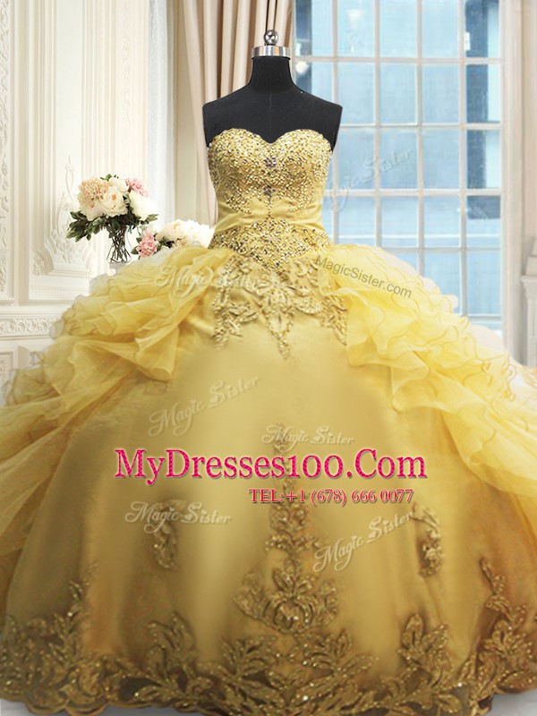 Great Beading and Appliques and Ruffles Quinceanera Dresses Gold Lace Up Sleeveless Floor Length
