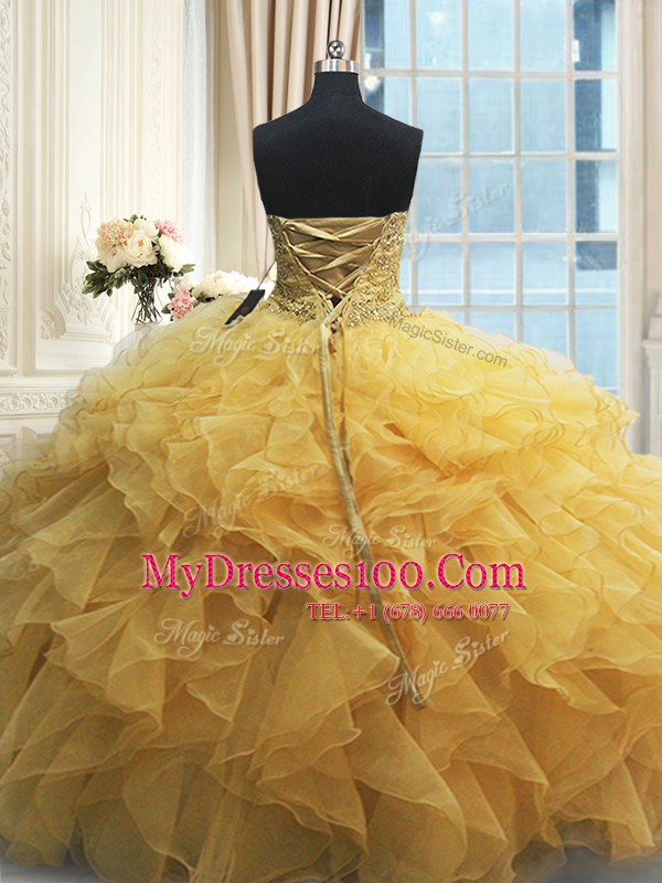 Great Beading and Appliques and Ruffles Quinceanera Dresses Gold Lace Up Sleeveless Floor Length