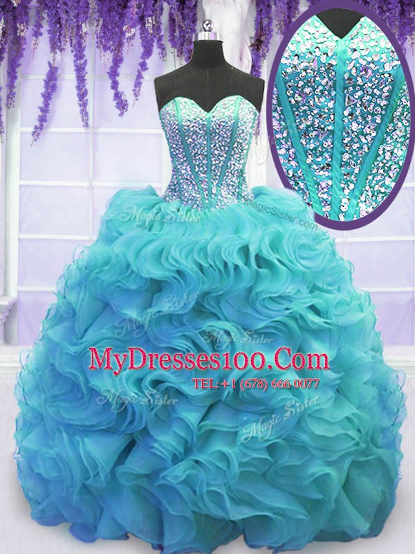 Adorable Aqua Blue Sleeveless Beading and Ruffles Lace Up 15th Birthday Dress