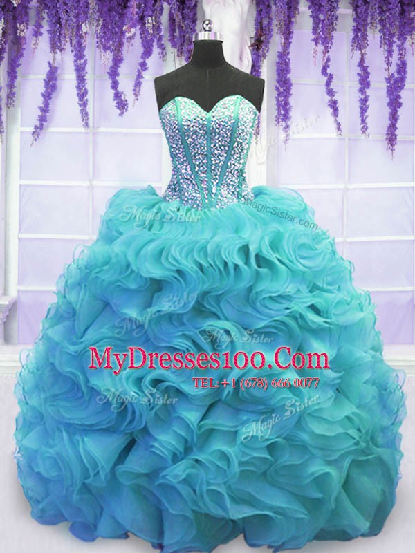 Adorable Aqua Blue Sleeveless Beading and Ruffles Lace Up 15th Birthday Dress