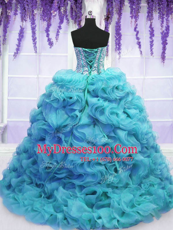 Adorable Aqua Blue Sleeveless Beading and Ruffles Lace Up 15th Birthday Dress