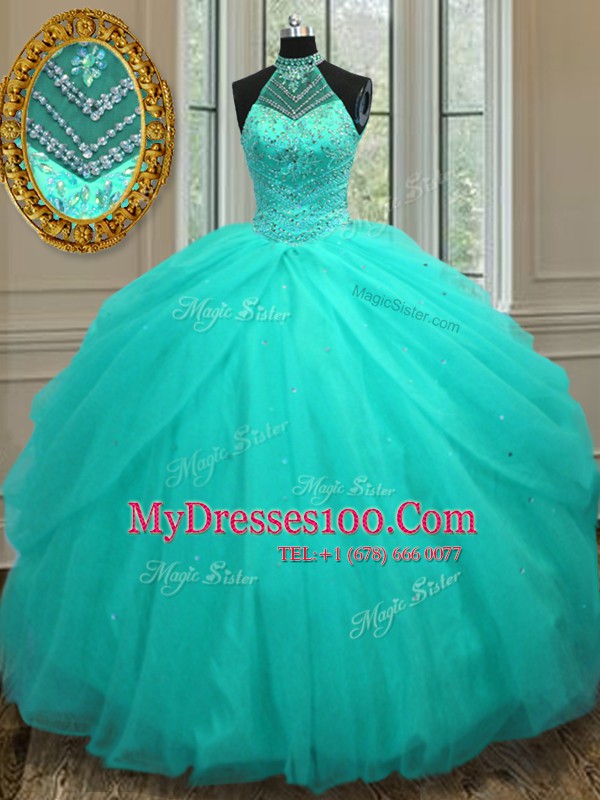 Fancy Aqua Blue Halter Top Neckline Beading Sweet 16 Quinceanera Dress Sleeveless Lace Up
