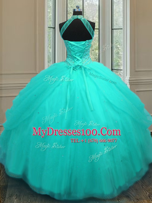 Fancy Aqua Blue Halter Top Neckline Beading Sweet 16 Quinceanera Dress Sleeveless Lace Up