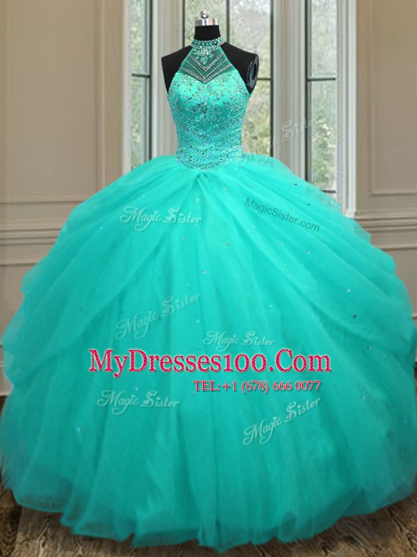 Fancy Aqua Blue Halter Top Neckline Beading Sweet 16 Quinceanera Dress Sleeveless Lace Up