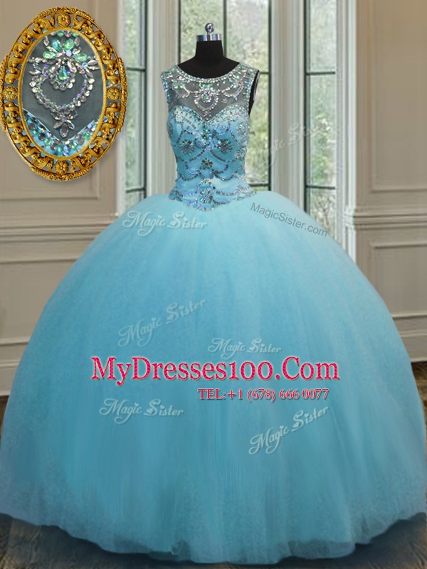 Scoop Floor Length Baby Blue Quinceanera Gowns Tulle Sleeveless Beading