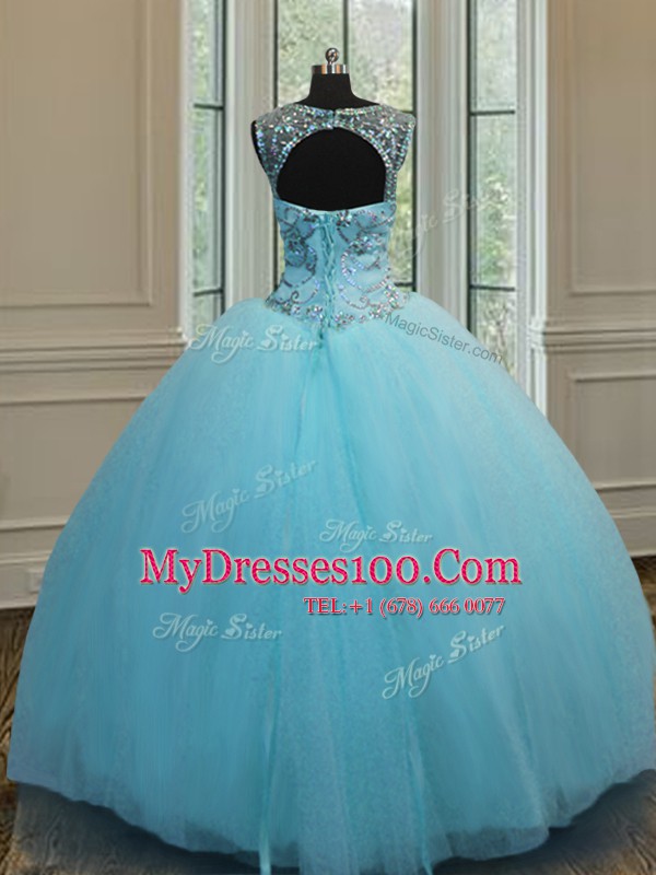 Scoop Floor Length Baby Blue Quinceanera Gowns Tulle Sleeveless Beading