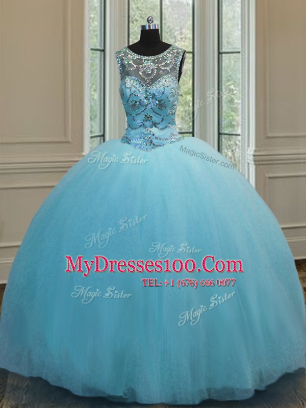 Scoop Floor Length Baby Blue Quinceanera Gowns Tulle Sleeveless Beading