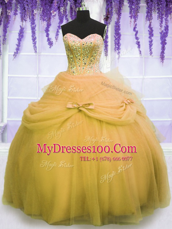 Stunning Three Piece Gold Quinceanera Dresses Military Ball and Sweet 16 and Quinceanera and For with Beading and Bowknot Sweetheart Sleeveless Lace Up