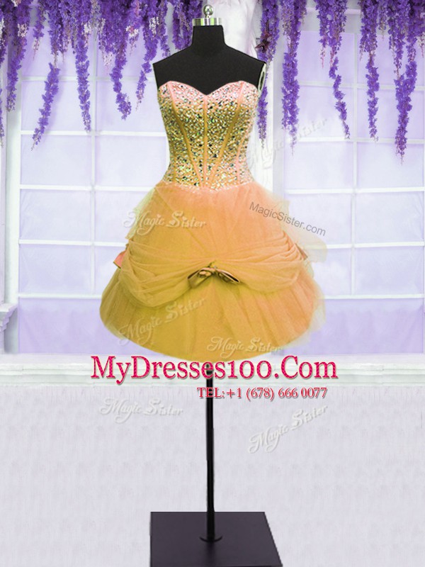 Stunning Three Piece Gold Quinceanera Dresses Military Ball and Sweet 16 and Quinceanera and For with Beading and Bowknot Sweetheart Sleeveless Lace Up