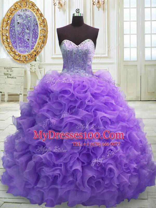 Ideal Purple Lace Up 15th Birthday Dress Beading and Ruffles Sleeveless Sweep Train