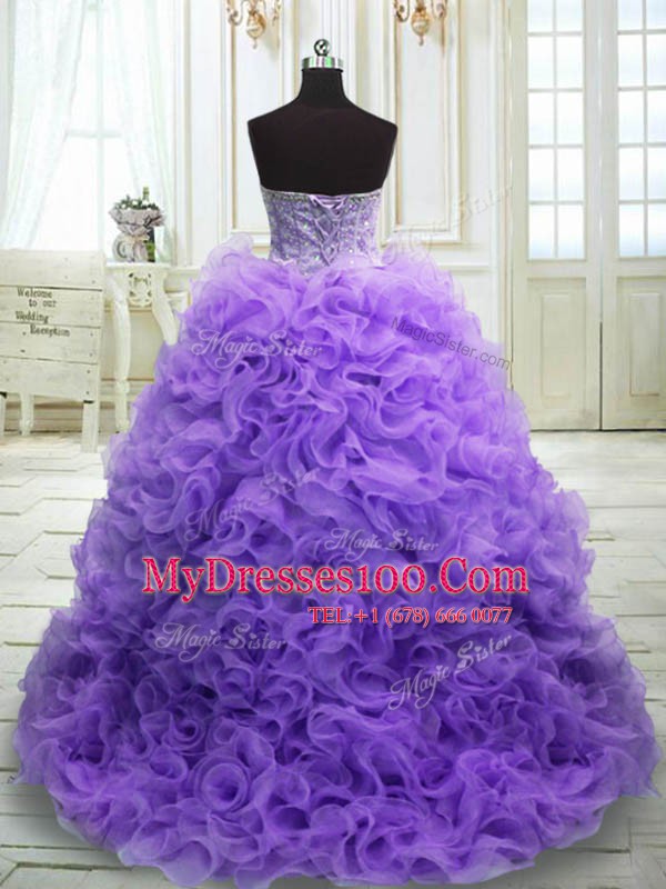 Ideal Purple Lace Up 15th Birthday Dress Beading and Ruffles Sleeveless Sweep Train