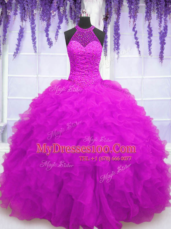 Fuchsia Ball Gowns Organza High-neck Sleeveless Beading and Ruffles Floor Length Lace Up Sweet 16 Quinceanera Dress