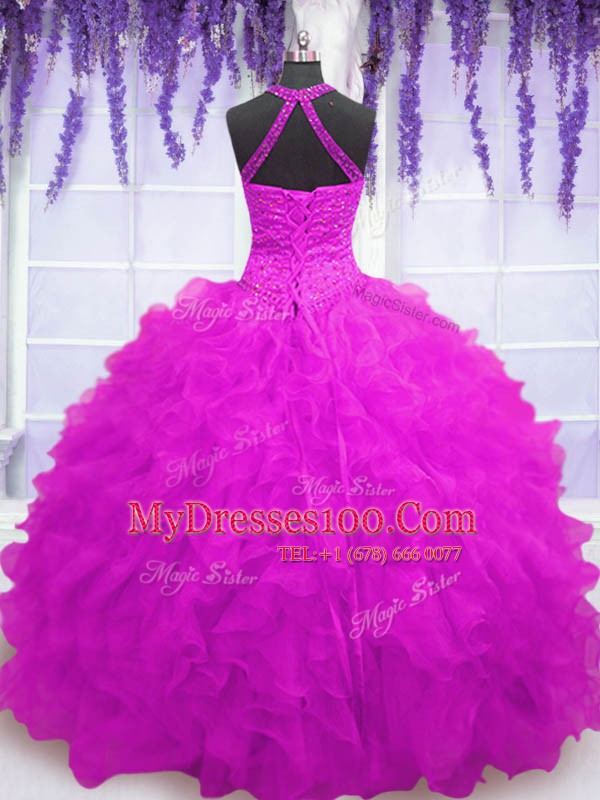 Fuchsia Ball Gowns Organza High-neck Sleeveless Beading and Ruffles Floor Length Lace Up Sweet 16 Quinceanera Dress