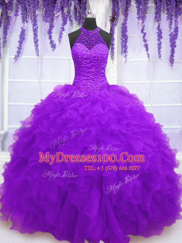 Classical Purple High-neck Lace Up Beading and Ruffles 15th Birthday Dress Sleeveless
