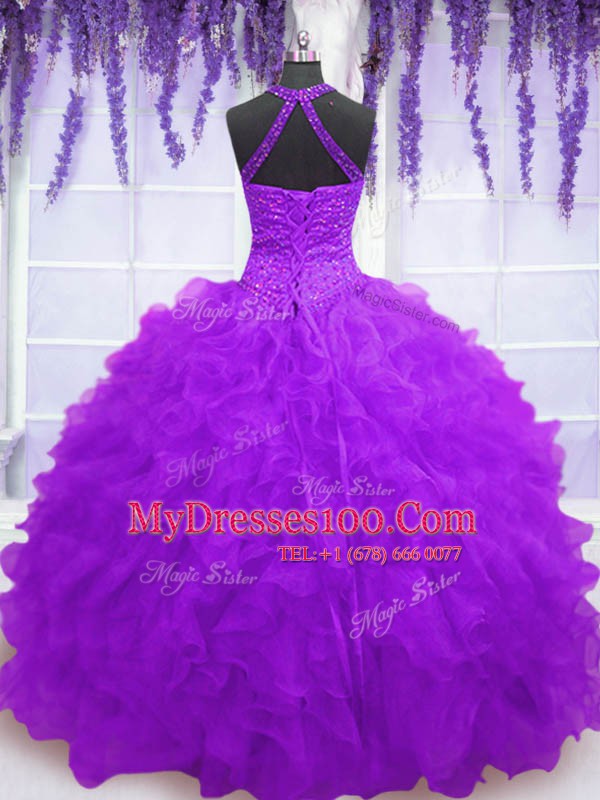 Classical Purple High-neck Lace Up Beading and Ruffles 15th Birthday Dress Sleeveless