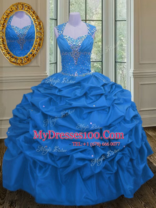 Straps Pick Ups Floor Length Ball Gowns Sleeveless Blue 15 Quinceanera Dress Lace Up
