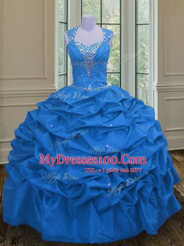Straps Pick Ups Floor Length Ball Gowns Sleeveless Blue 15 Quinceanera Dress Lace Up