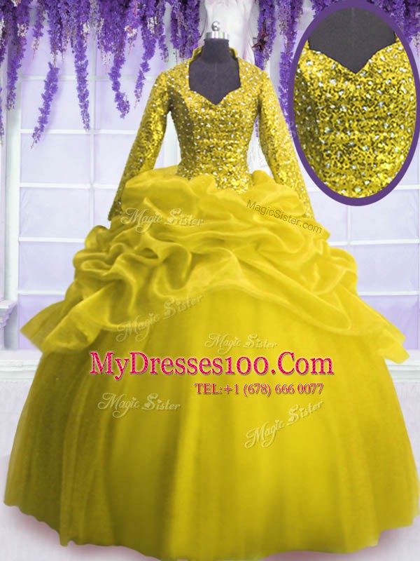 Fabulous Yellow Organza Zipper V-neck Long Sleeves Floor Length Ball Gown Prom Dress Sequins and Pick Ups