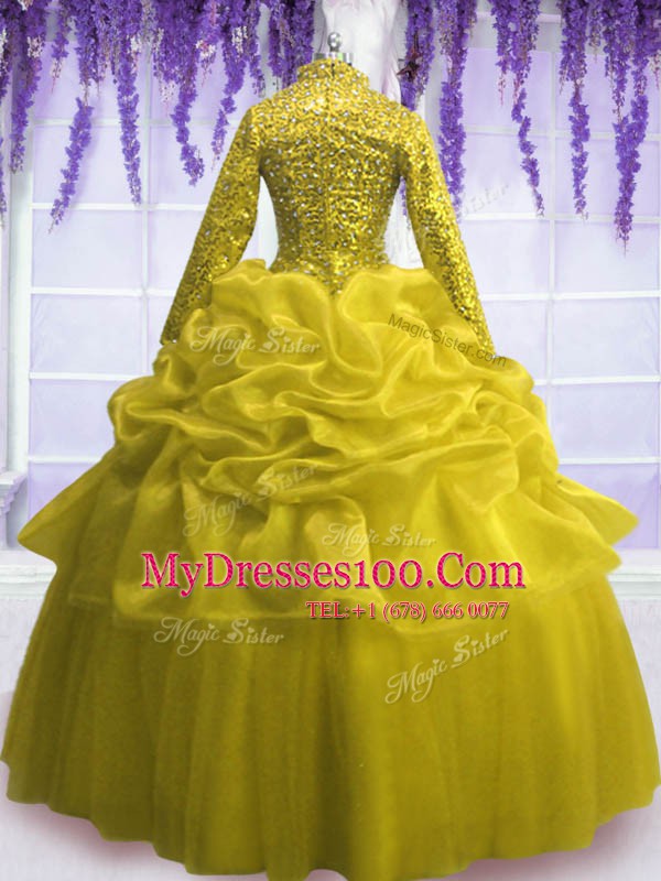 Fabulous Yellow Organza Zipper V-neck Long Sleeves Floor Length Ball Gown Prom Dress Sequins and Pick Ups