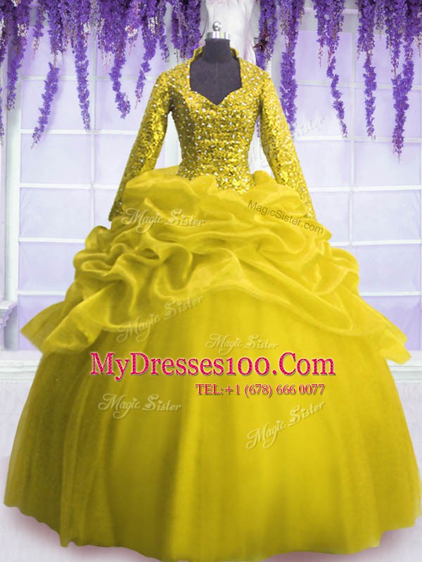 Fabulous Yellow Organza Zipper V-neck Long Sleeves Floor Length Ball Gown Prom Dress Sequins and Pick Ups
