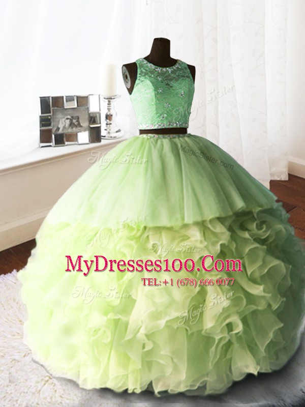 Yellow Green Organza and Tulle and Lace Zipper Scoop Sleeveless With Train Quinceanera Dress Brush Train Beading and Lace and Ruffles